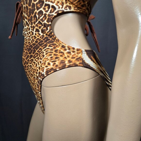 Y2K One Piece high Cut Leopard Print Swimsuit Womens Size S Deep V Lace Up - Picture 5 of 11
